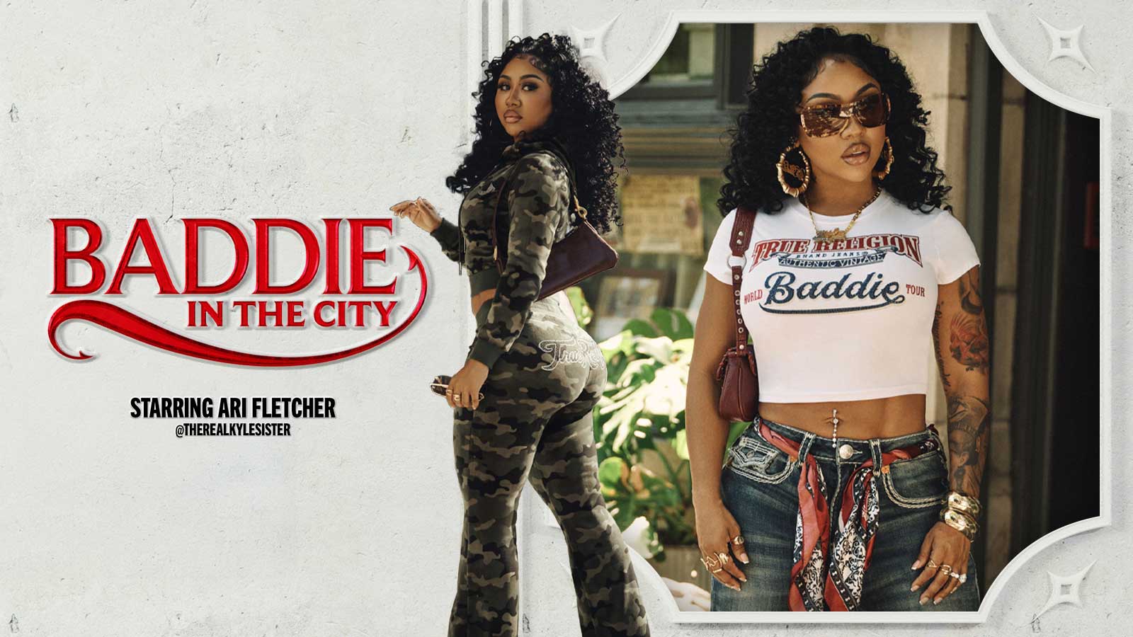 Ari Fletcher wearing Baddie in the City True Religion collab camo sweat set and jeans and baby tee 